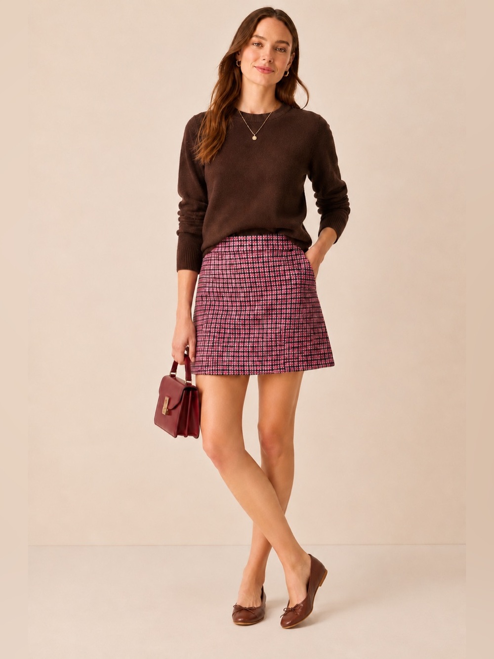 J. Crew Brown/Pink Houndstooth Plaid Wool Mini Skirt Size 12P Preppy Collegiate
